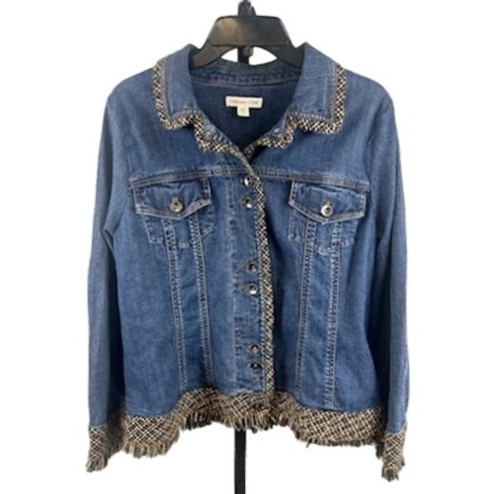 Coldwater Creek Blue‎ Jean Denim Jacket Tweed Fringe Trim Autumn Women's Size 18